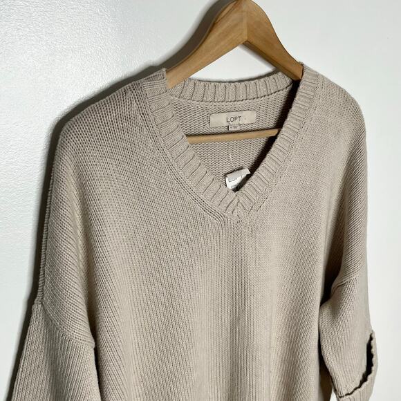 Loft Cotton Pullover Sweater Womens Medium Beige Neutral Minimalist V Neck - Picture 3 of 9
